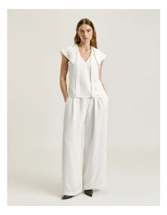 Textured Twill Draped Neck Top in White