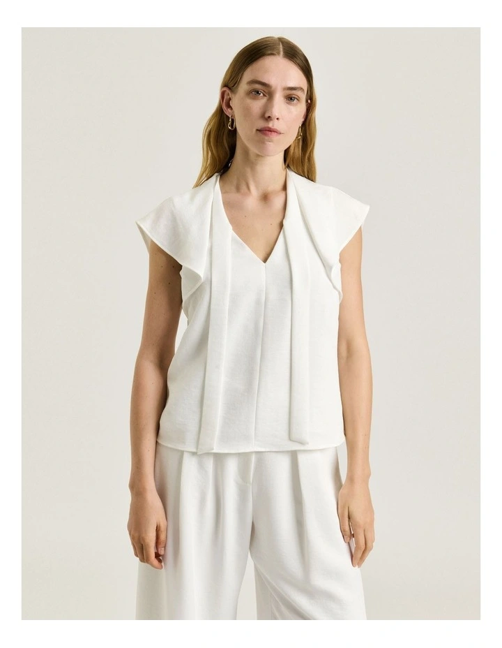 Textured Twill Draped Neck Top in White image 3