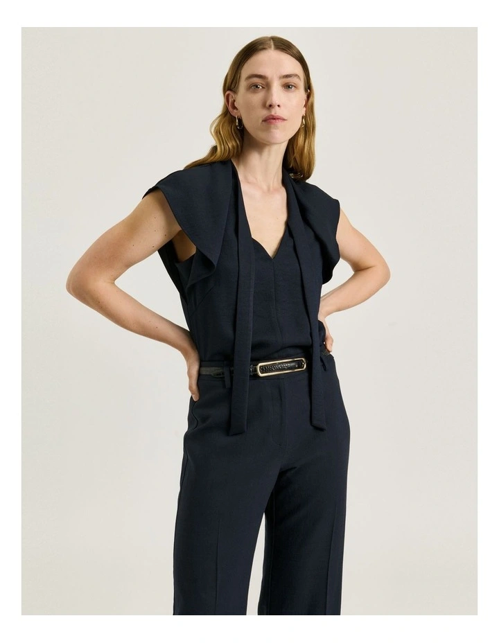 Textured Twill Draped Neck Top in Blue image 3