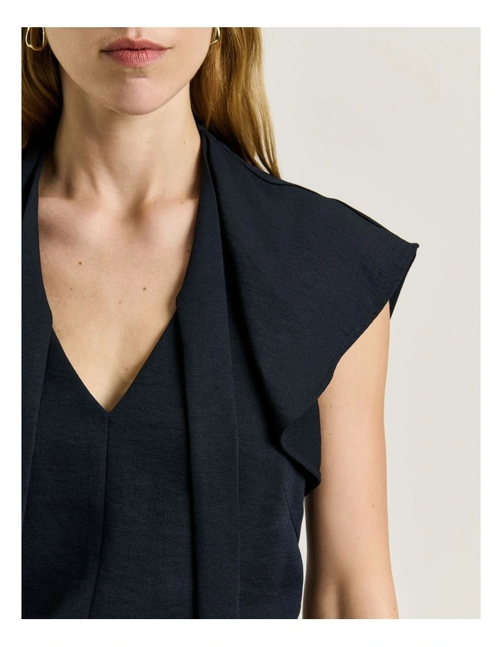 Textured Twill Draped Neck Top in Blue image 4