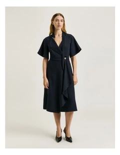 Textured Twill Cape Sleeve Dress in Blue