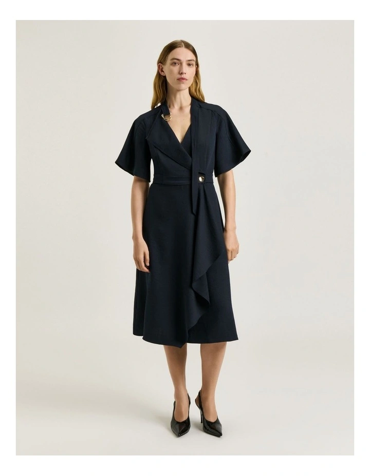 Textured Twill Cape Sleeve Dress in Blue image 1