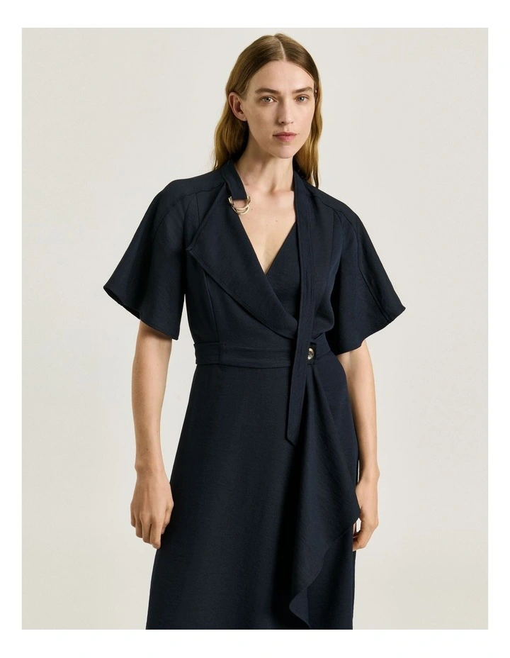 Textured Twill Cape Sleeve Dress in Blue image 3