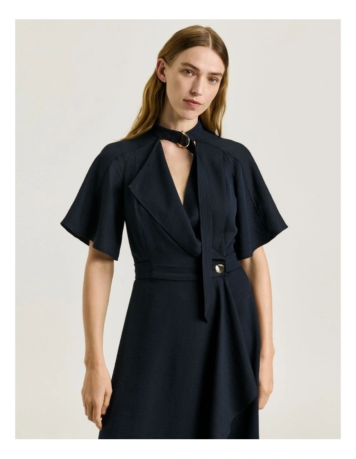 Textured Twill Cape Sleeve Dress in Blue image 4