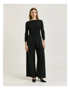 3/4 Sleeve Asymmetric Ruched Knit Top in Black