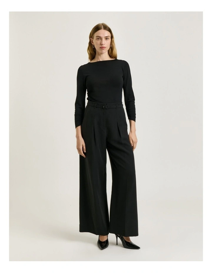 3/4 Sleeve Asymmetric Ruched Knit Top in Black image 1