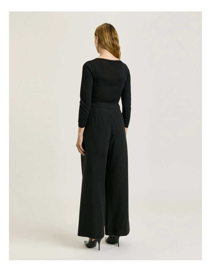 3/4 Sleeve Asymmetric Ruched Knit Top in Black image 2