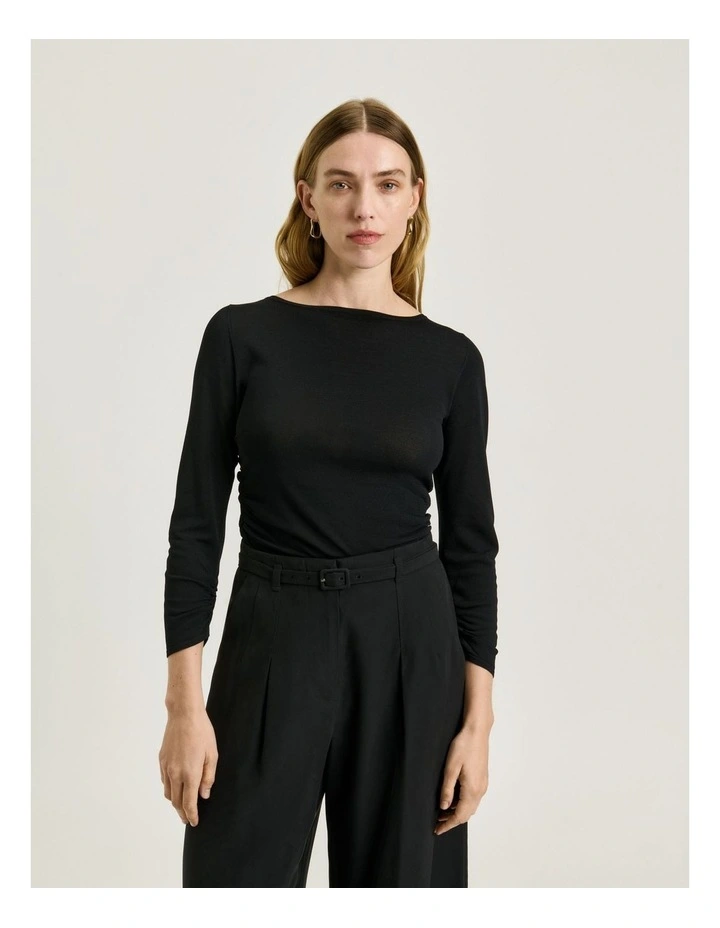 3/4 Sleeve Asymmetric Ruched Knit Top in Black image 3