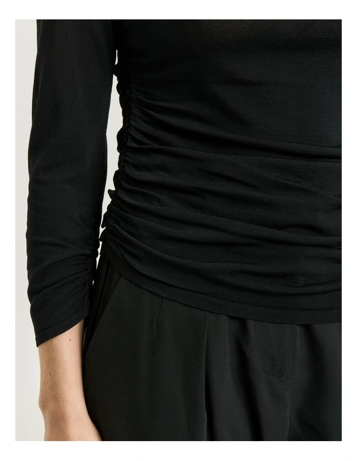 3/4 Sleeve Asymmetric Ruched Knit Top in Black image 4