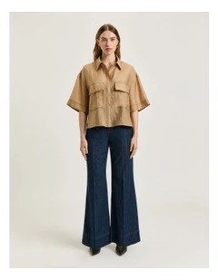 Washer Tencel Topstitch Shirt in Beige