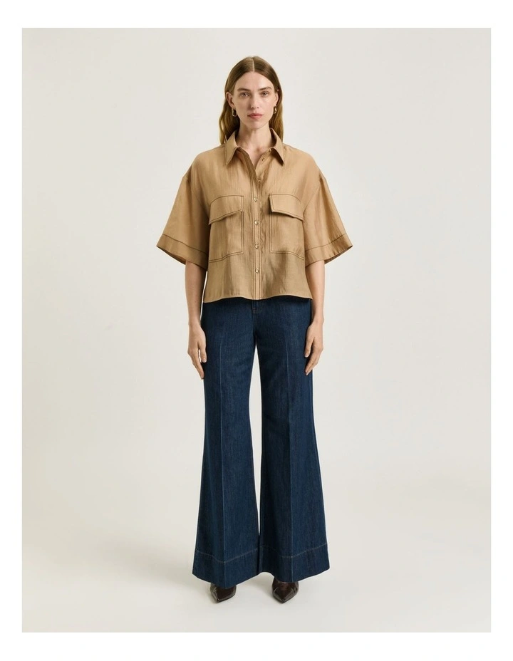 Washer Tencel Topstitch Shirt in Beige image 1