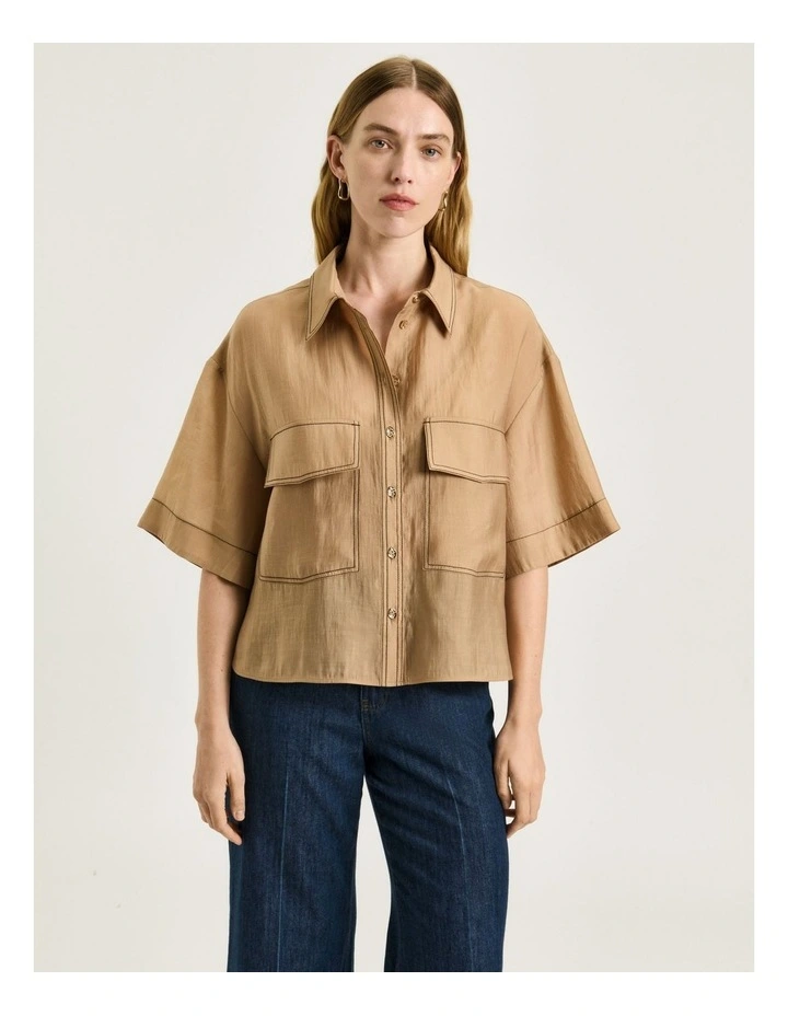Washer Tencel Topstitch Shirt in Beige image 3