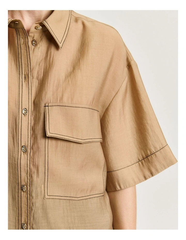 Washer Tencel Topstitch Shirt in Beige image 4