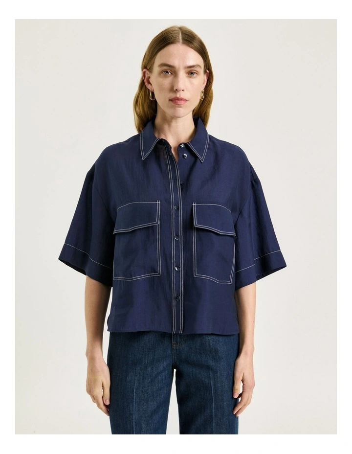 Washer Tencel Topstitch Shirt in Blue image 3