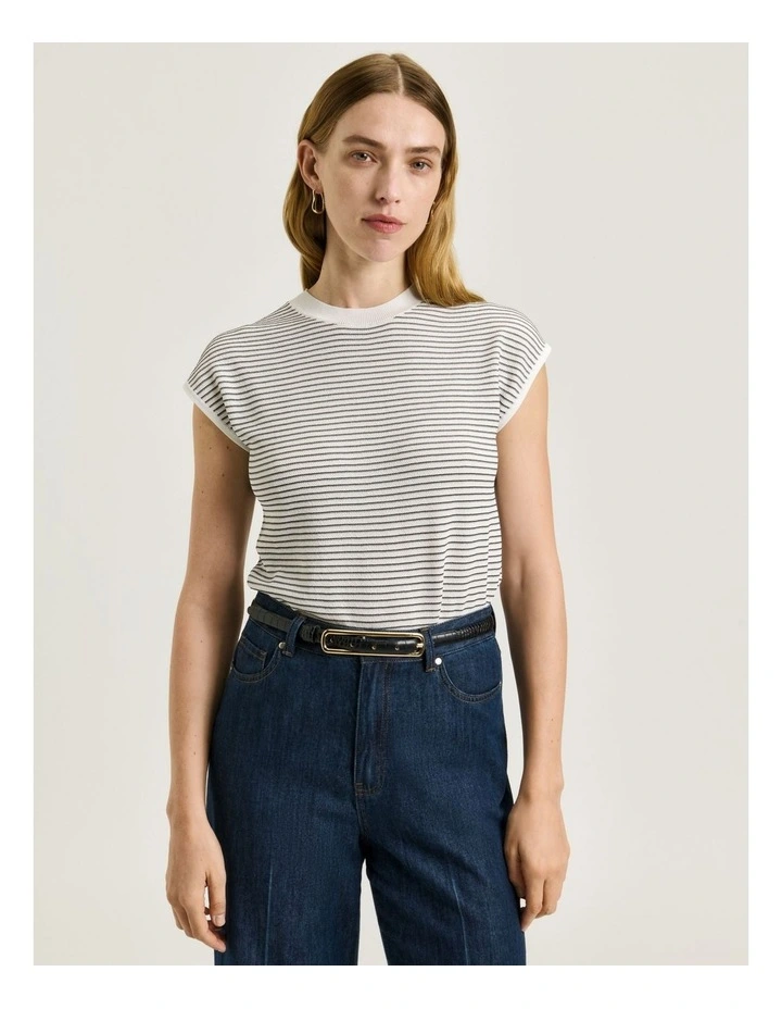 Textured Stripe Knit Top in White image 3