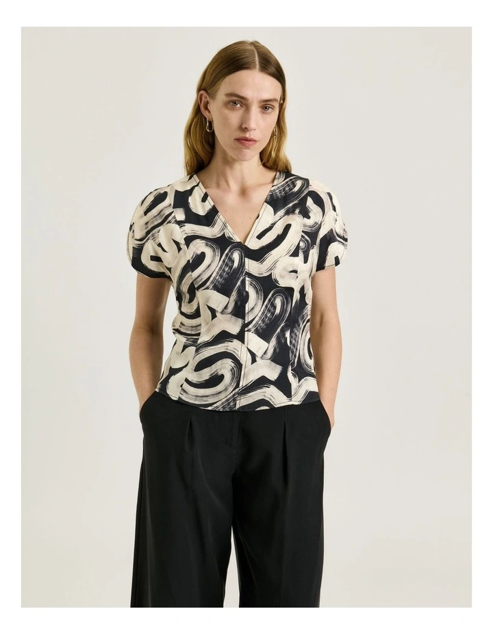 Abstract Brush V Neck Top in Black image 3