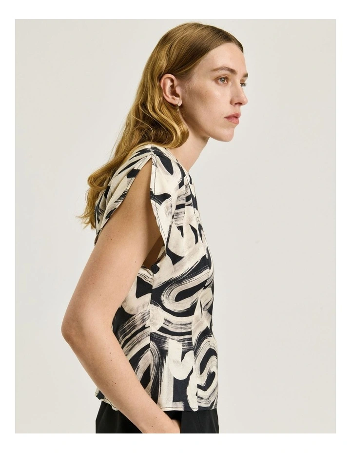 Abstract Brush V Neck Top in Black image 4