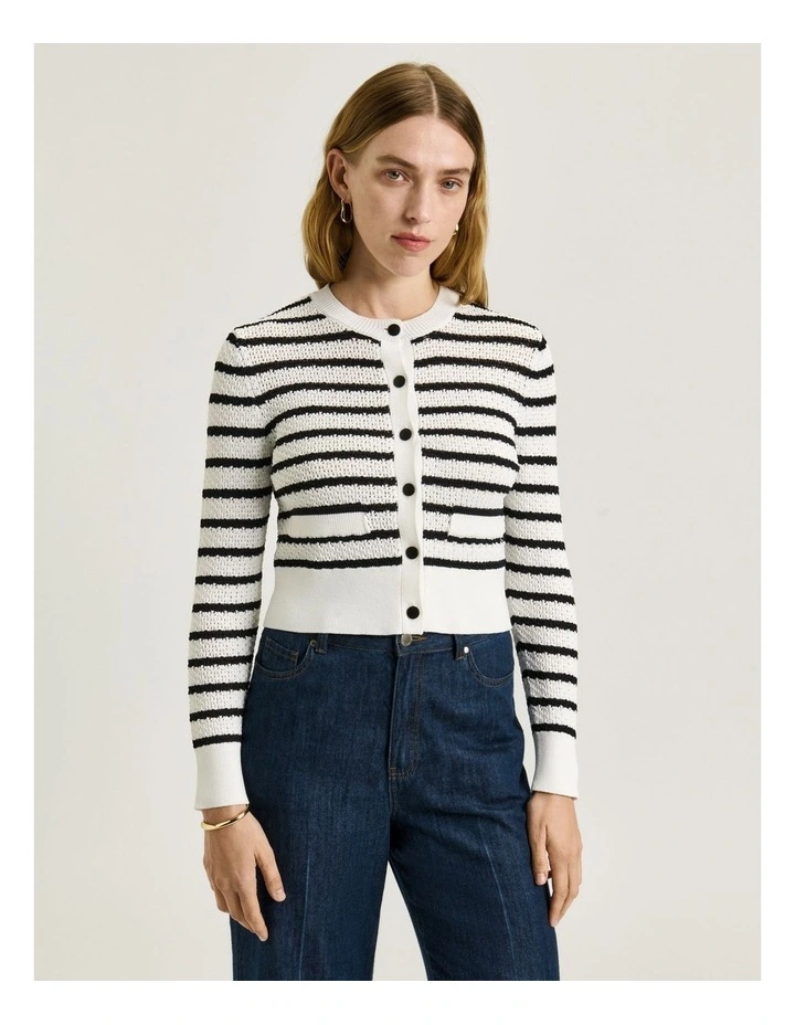 Crochet Stripe Cardigan in Black/White image 3