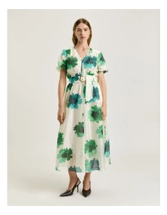 Poppy Belted Midi Dress in Ivory Water