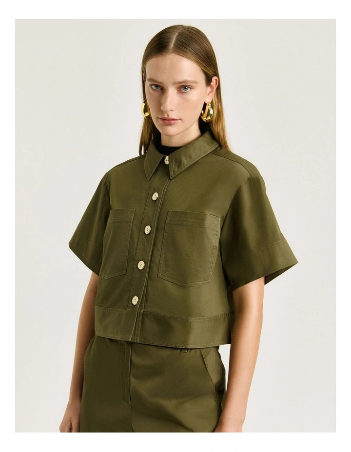 Stretch Cotton Twill Shirt in Green image 3