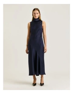 CREPE BACK SATIN HALTER MIDI DRESS
