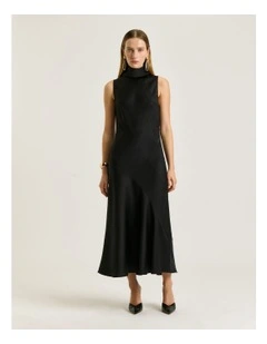 CREPE BACK SATIN HALTER MIDI DRESS