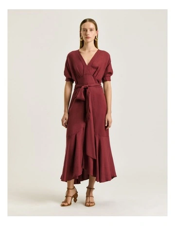 VISCOSE LINEN BELTED MIDI DRESS