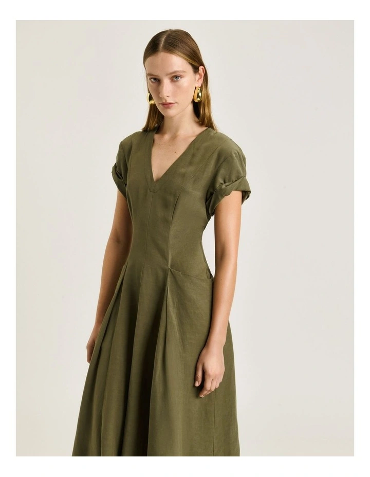 European Lyocell Linen Midi Dress in Green image 3
