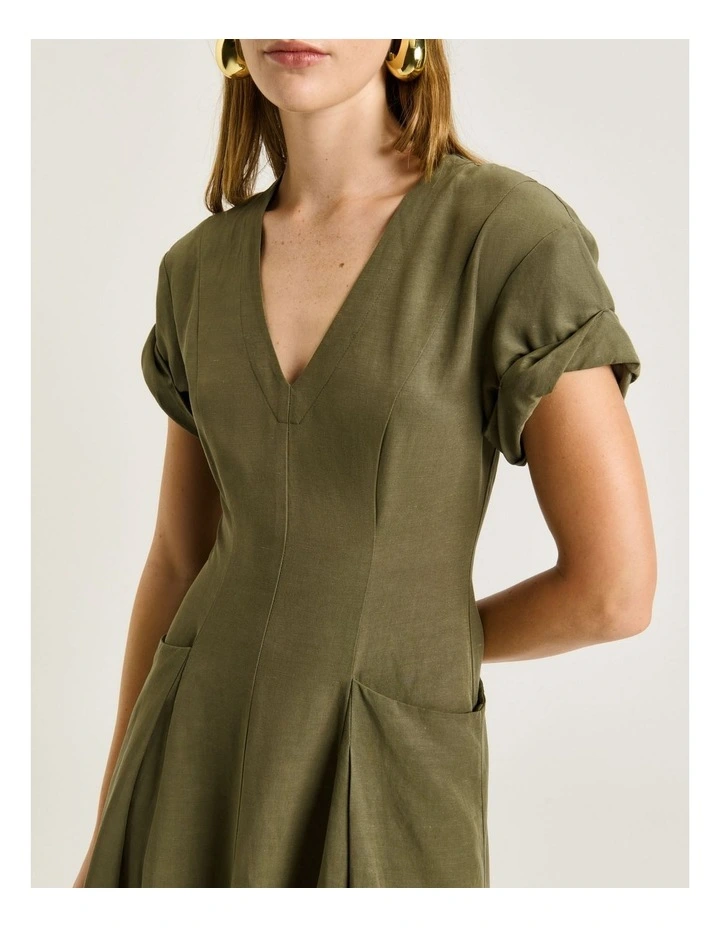 European Lyocell Linen Midi Dress in Green image 4