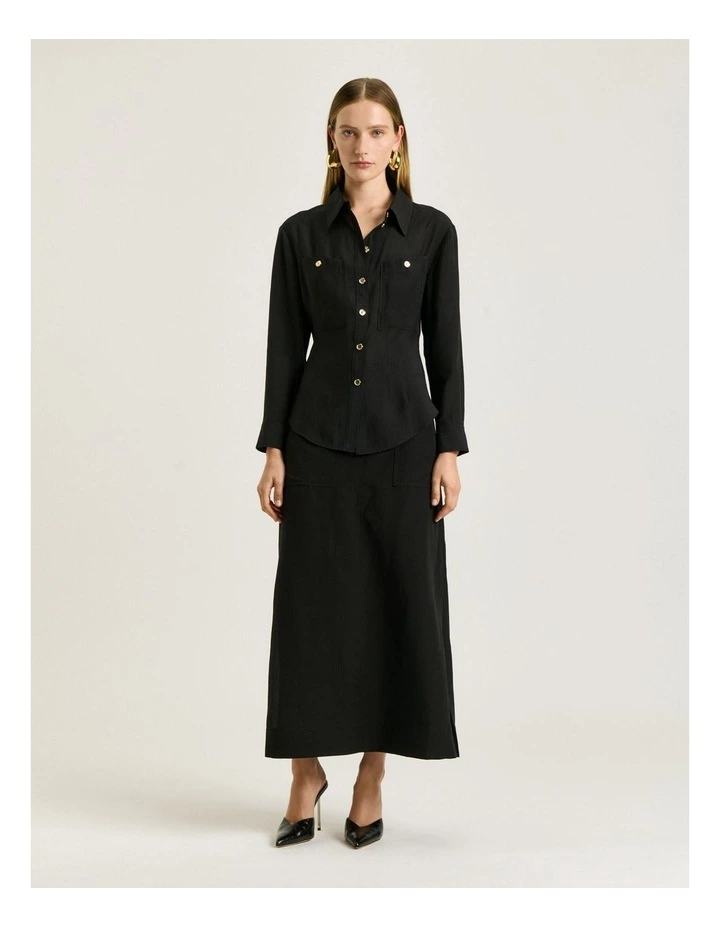 Washed Tencel Blend Long Sleeve Shirt in Black image 1