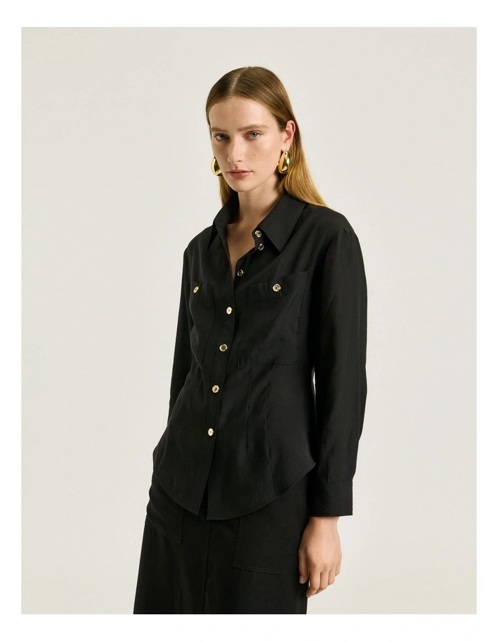 Washed Tencel Blend Long Sleeve Shirt in Black image 3