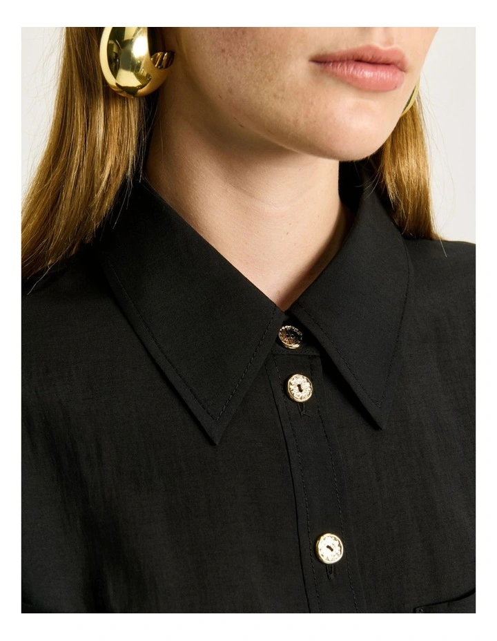Washed Tencel Blend Long Sleeve Shirt in Black image 4