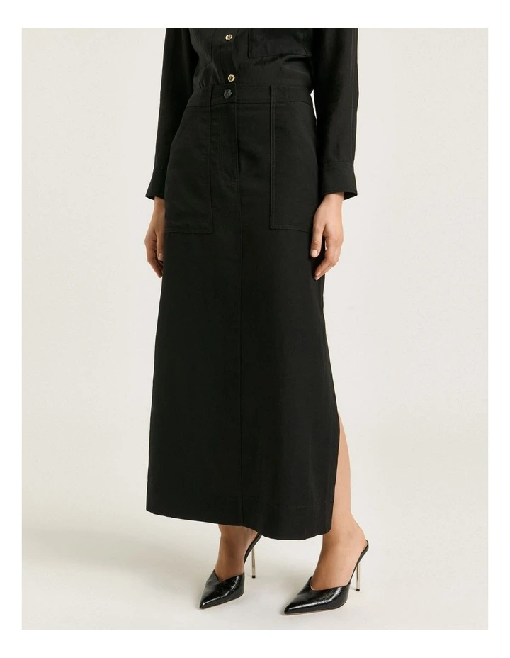 European Lyocell Linen Cargo Skirt in Black image 3