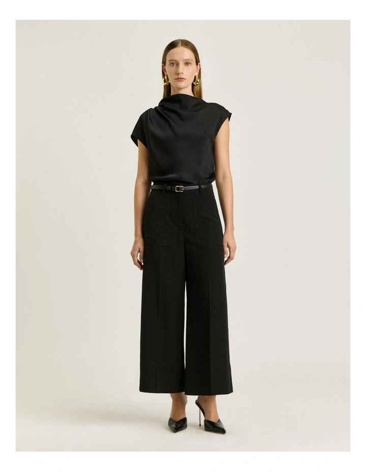 European Lyocell Linen Wide Cropped Pant in Black image 1