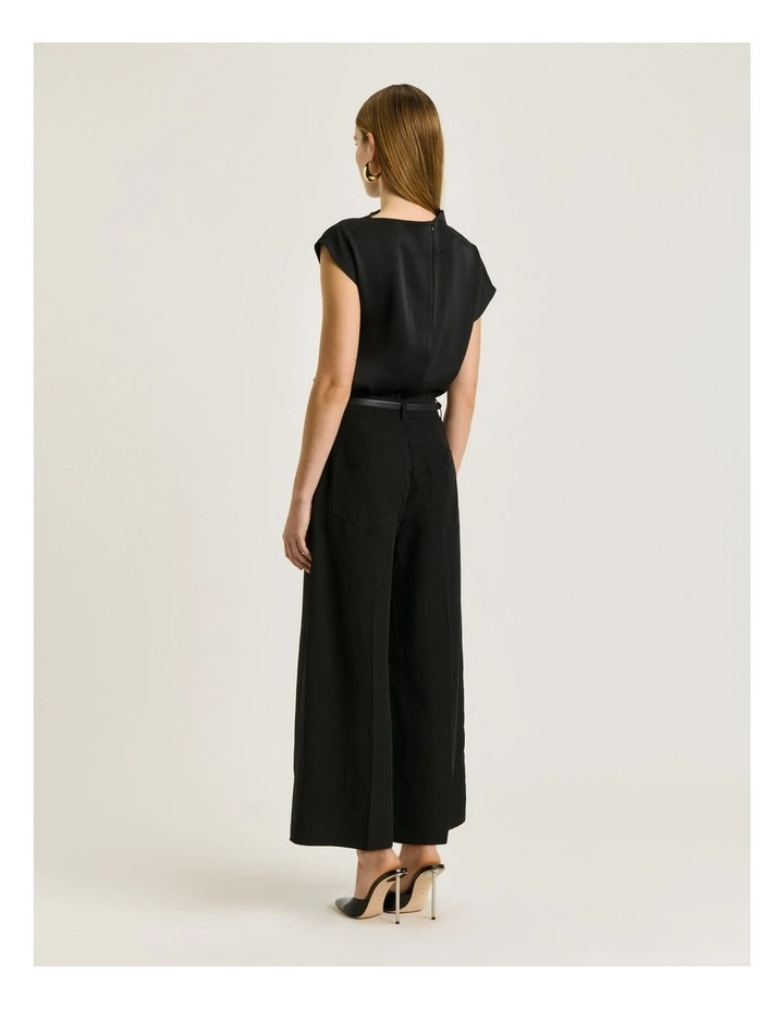 European Lyocell Linen Wide Cropped Pant in Black image 2
