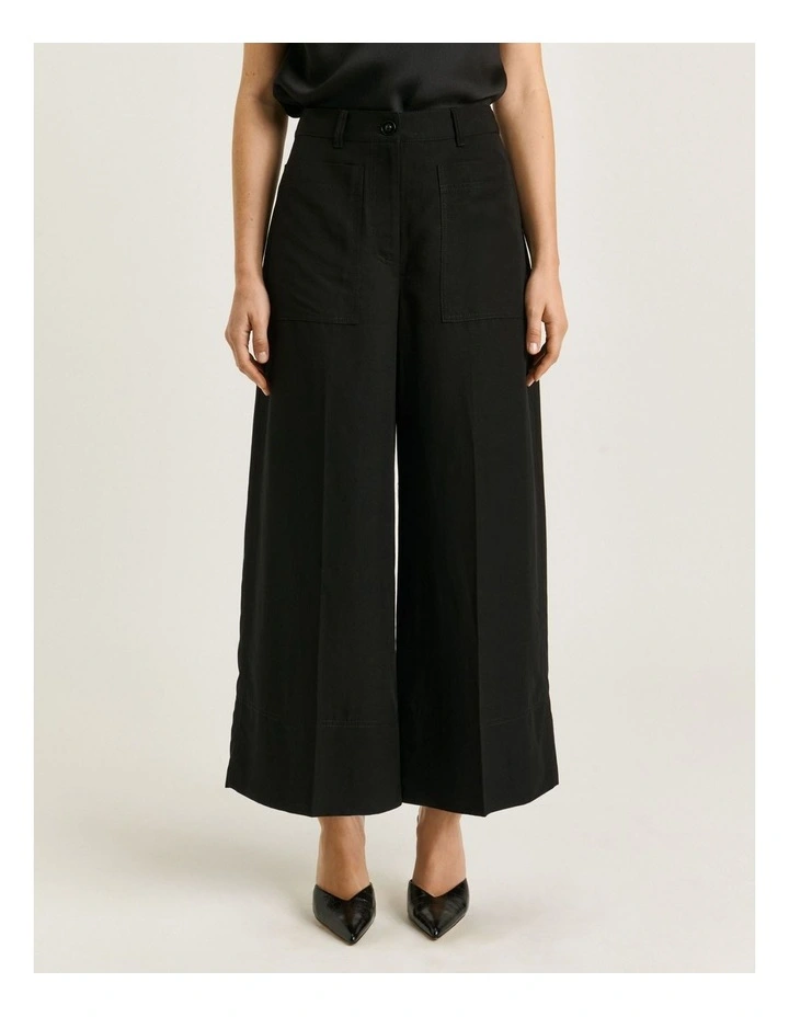 European Lyocell Linen Wide Cropped Pant in Black image 3