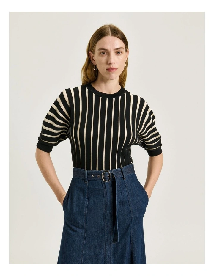 Matte & Shiny Pleat Knit Top in Black image 3