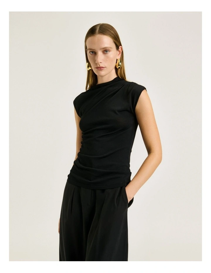 Ruched Cap Sleeve Knit in Black image 3