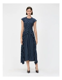 Pinstripe Flounce Dress in Navy