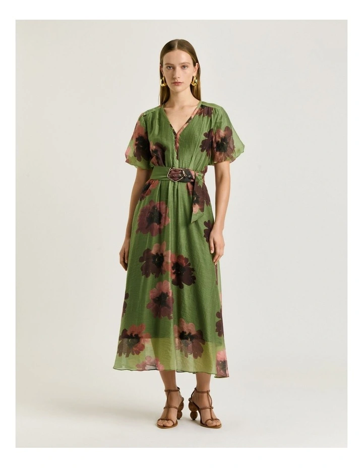 Poppy Voile Belted Midi Dress in Green Water image 1