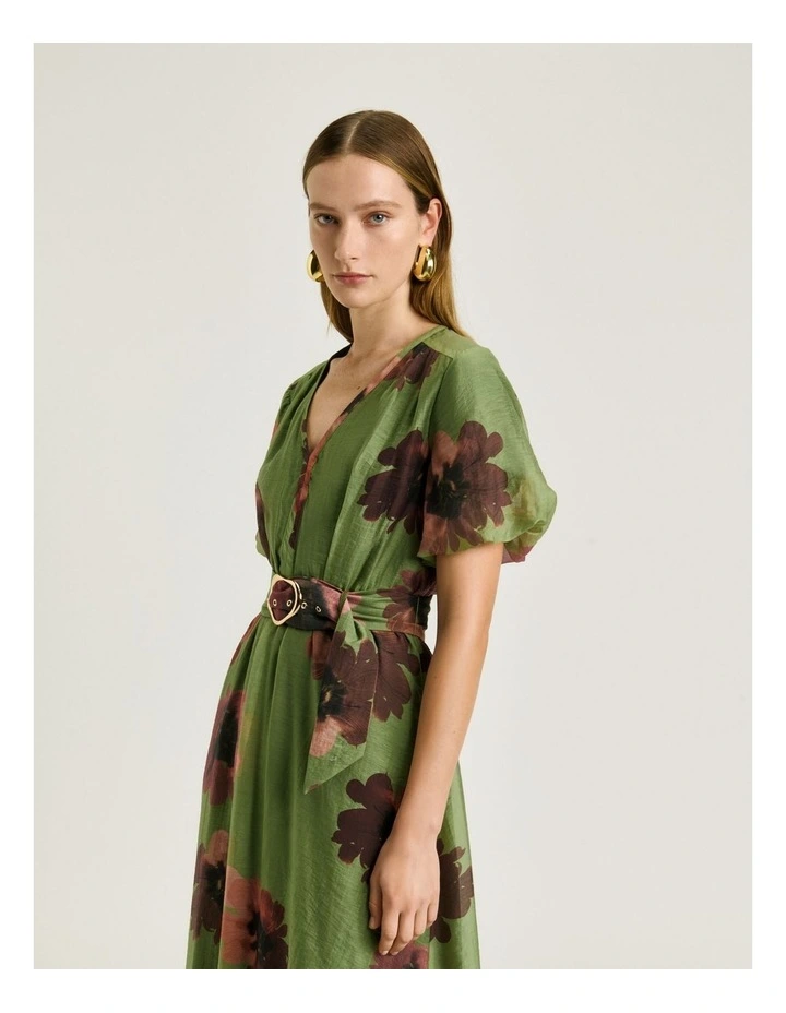 Poppy Voile Belted Midi Dress in Green Water image 3