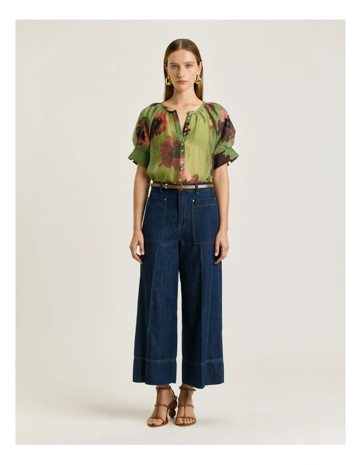 Poppy Blouson Sleeve Shirt in Green Water image 1
