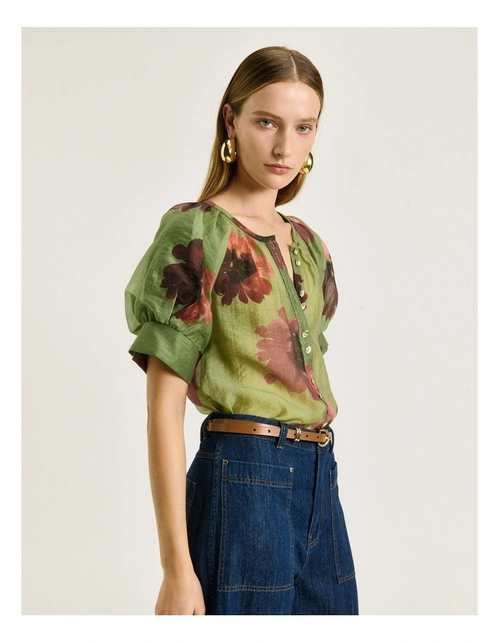 Poppy Blouson Sleeve Shirt in Green Water image 3