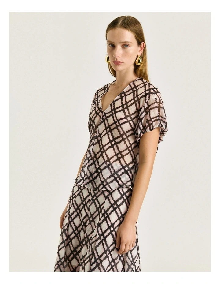 IKAT CHECK GATHERED SLEEVE TOP image 3