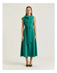 DRAPEY CREPE BELTED COWL NECK MIDI DRESS
