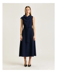 DRAPEY CREPE BELTED COWL NECK MIDI DRESS