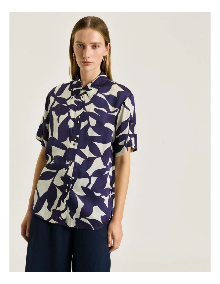 Ink Shadow Leaf Satin Shirt in Blue image 3