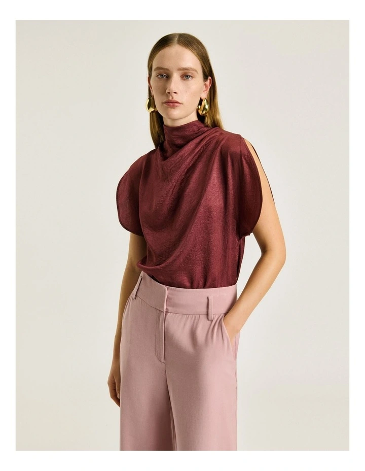 Crushed Acetate Drape Neck Top in Chestnut image 3