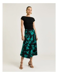 Jade Shadow Leaf Viscose Linen Midi Skirt