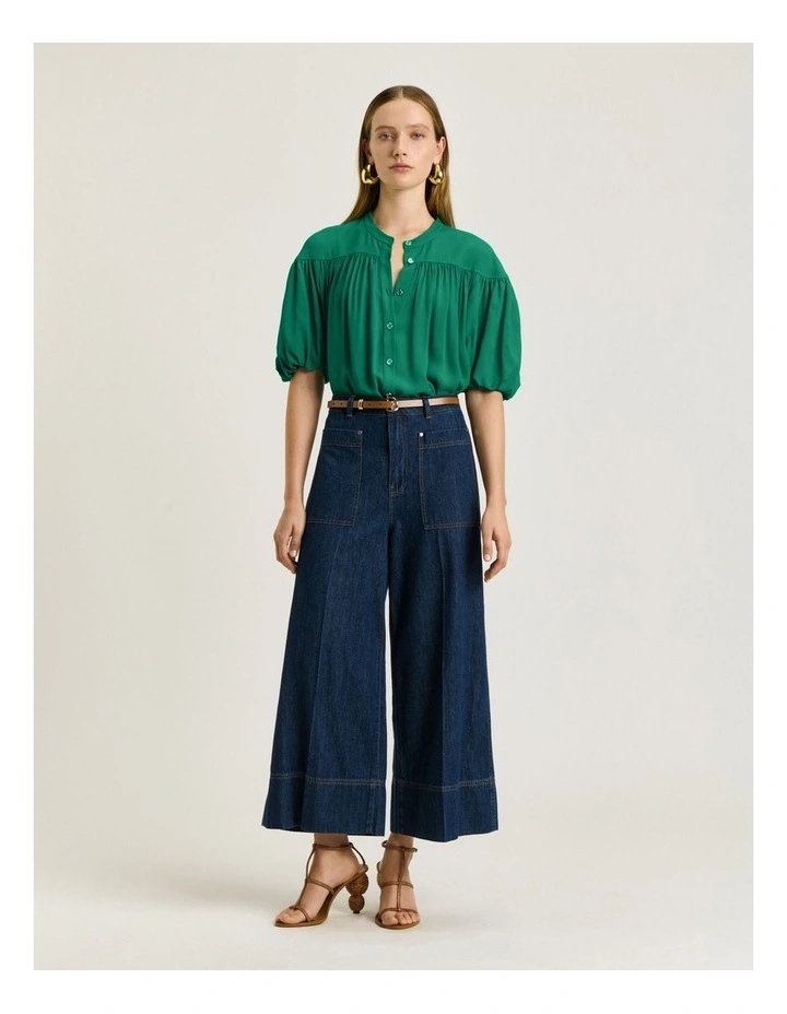 Viscose Georgette Gathered Blouse in Green image 1